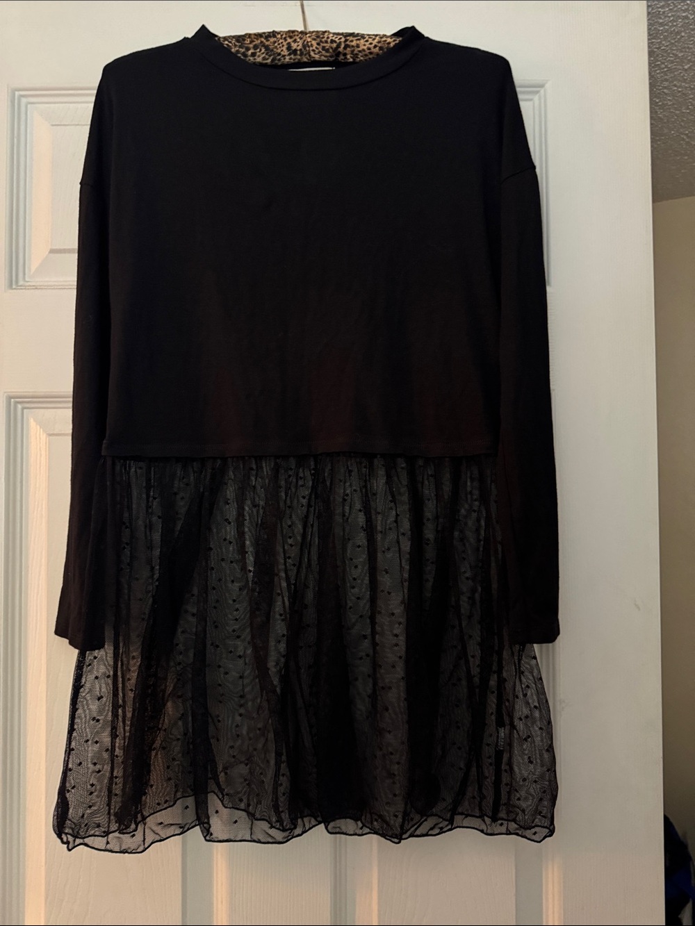 Black Long-Sleeve Layered Tee with Dotted Sheer Skirt